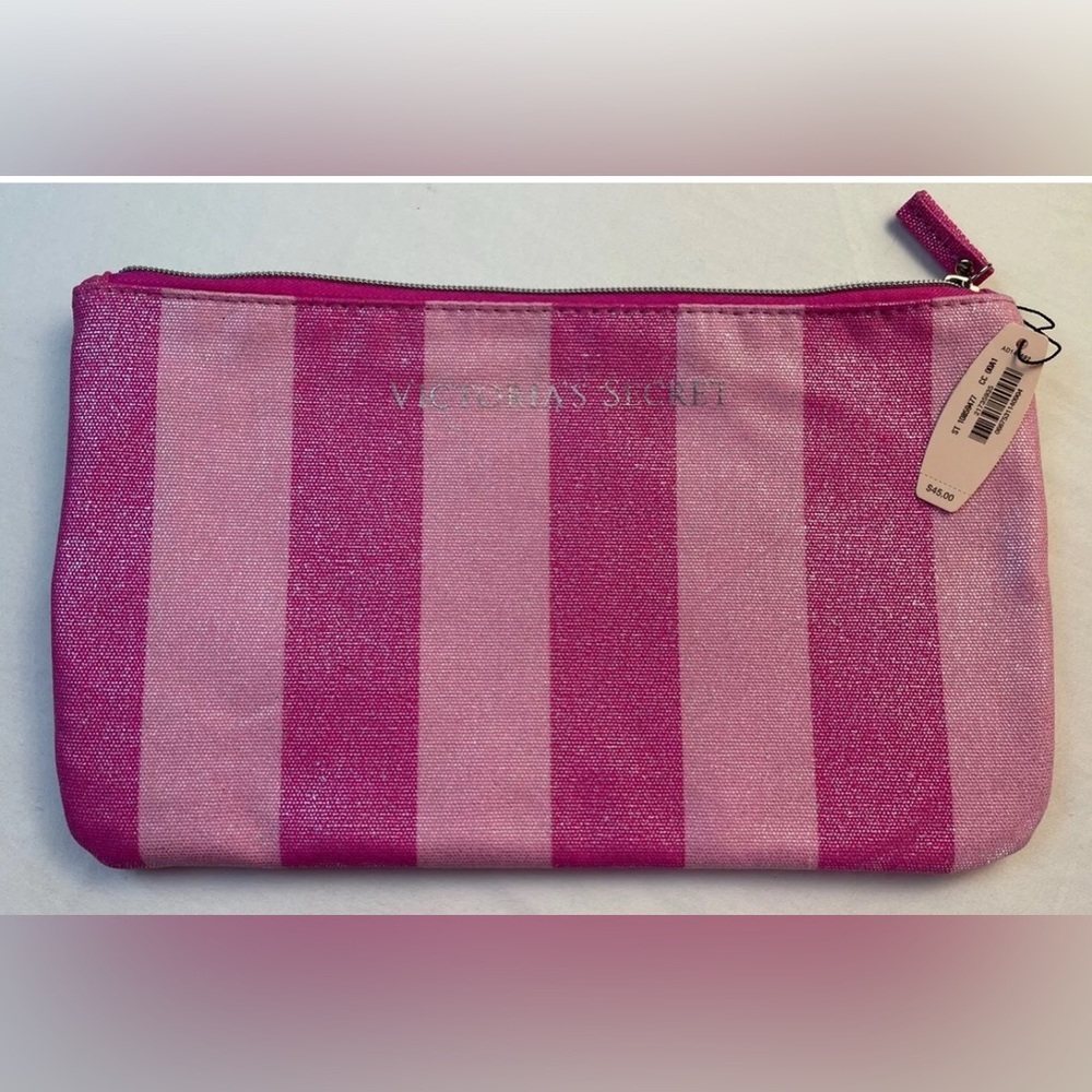 Victoria’s Secret Signature Pink Striped Travel Cosmetic Makeup Bag NWOT